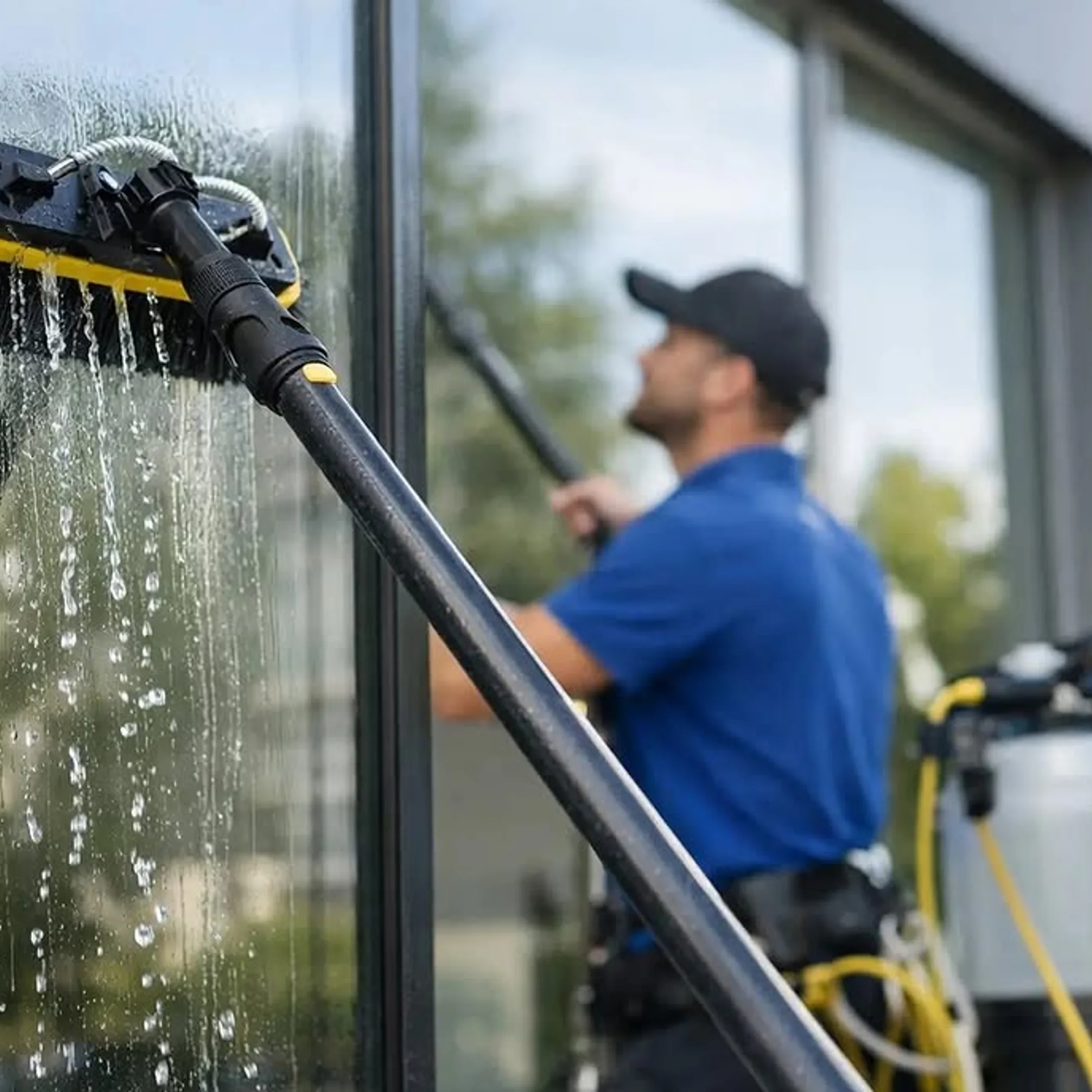 cleaning windows with water-fed brush