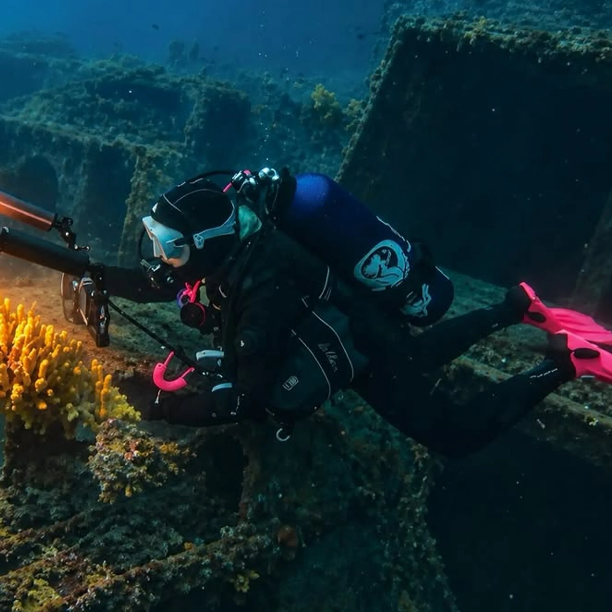 underwater shipwreck with coral
